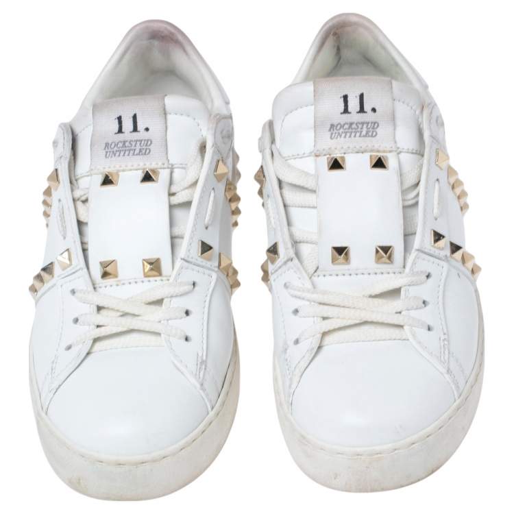 Pre Owned Valentino White Leather Rockstud Lace Up Sneakers Size 37.5