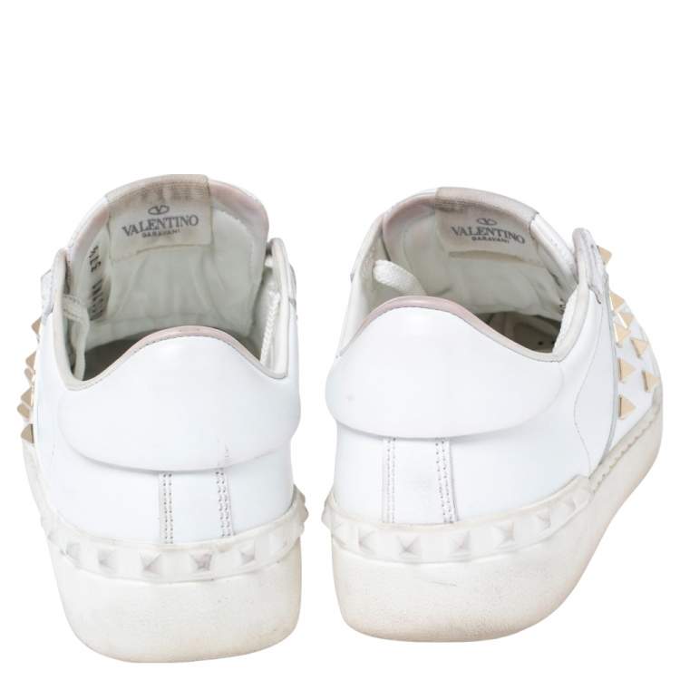 Pre Owned Valentino White Leather Rockstud Lace Up Sneakers Size 37.5
