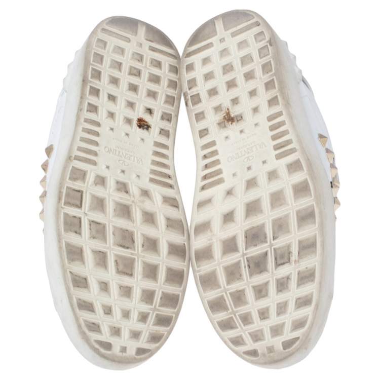 Pre Owned Valentino White Leather Rockstud Lace Up Sneakers Size 37.5