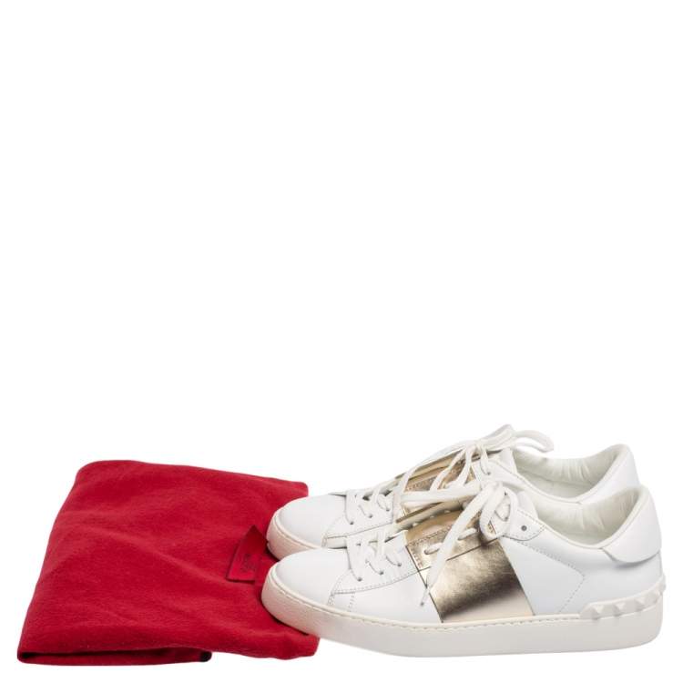 مملوكة مسبقًا Valentino White/Metallic Gold Band Leather Open Low Top Sneakers Size 39