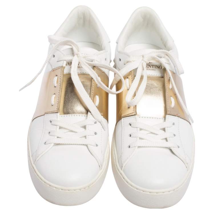 مملوكة مسبقًا Valentino White/Metallic Gold Band Leather Open Low Top Sneakers Size 39