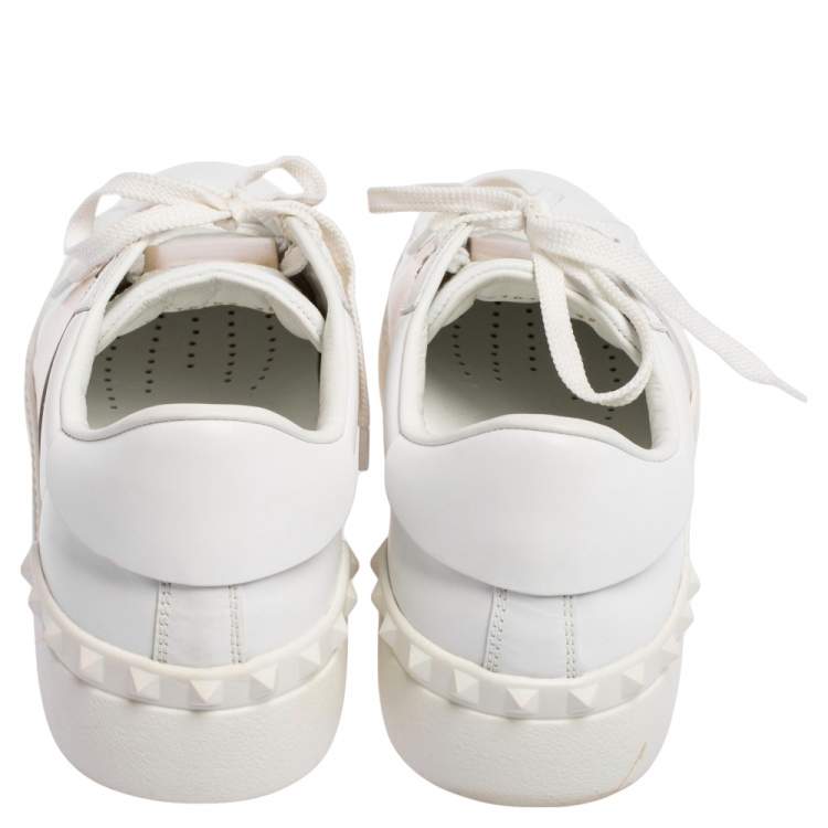 مملوكة مسبقًا Valentino White/Metallic Gold Band Leather Open Low Top Sneakers Size 39