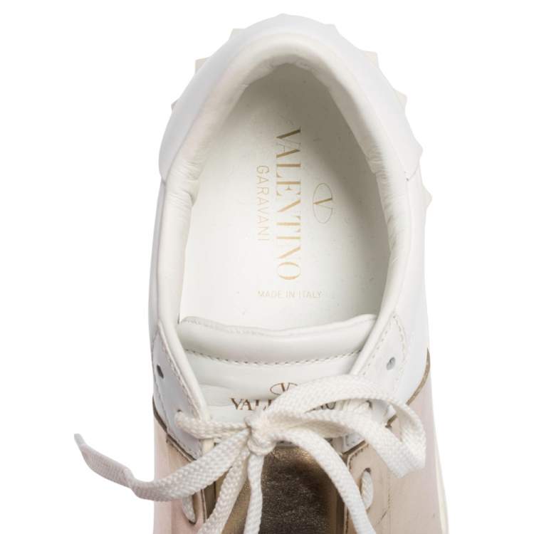 مملوكة مسبقًا Valentino White/Metallic Gold Band Leather Open Low Top Sneakers Size 39