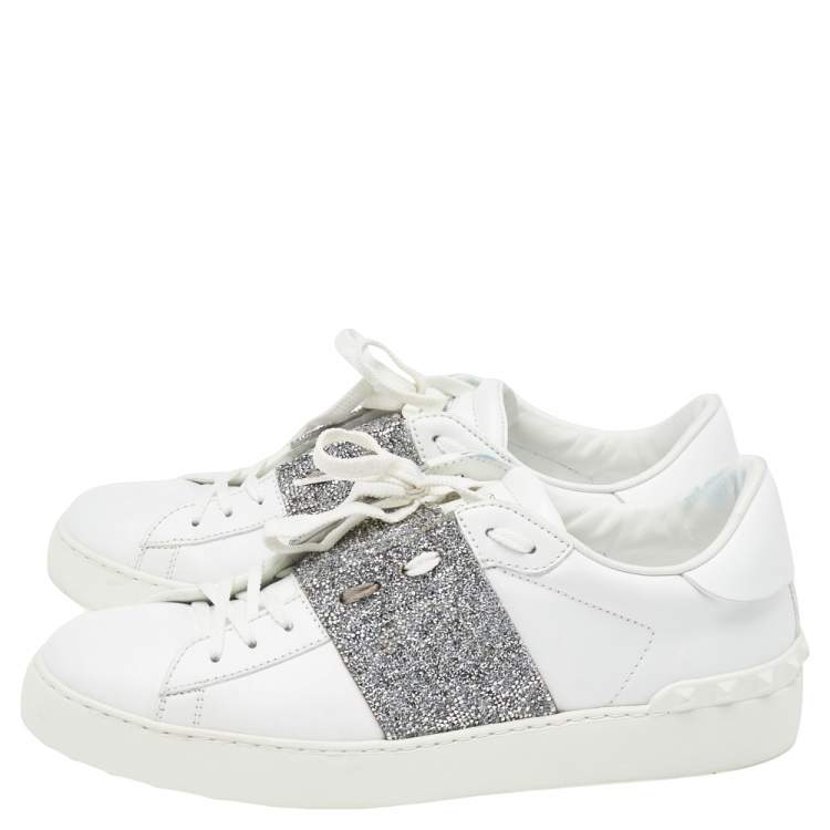 Pre Owned Valentino White Leather And Glitter Rockstud Sneakers Size 41