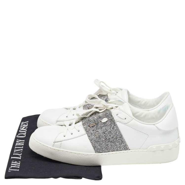 Pre Owned Valentino White Leather And Glitter Rockstud Sneakers Size 41