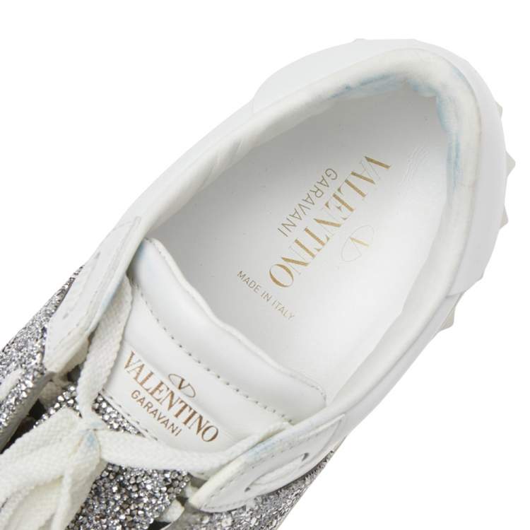 Pre Owned Valentino White Leather And Glitter Rockstud Sneakers Size 41