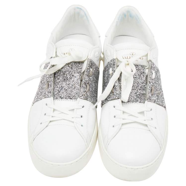 Pre Owned Valentino White Leather And Glitter Rockstud Sneakers Size 41