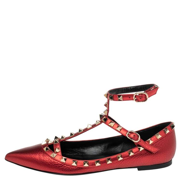 Valentino Metallic Red Leather Rockstud Ankle Strap Ballet Flats Size | TLC