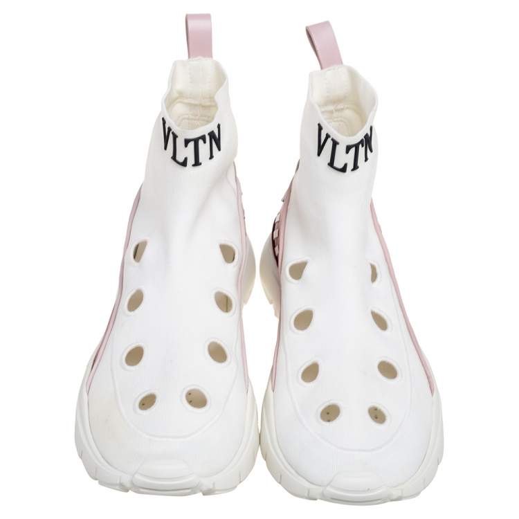 مملوكة مسبقًا Valentino White Stretch Fabric Cut Out Sock Sneakers Size 40