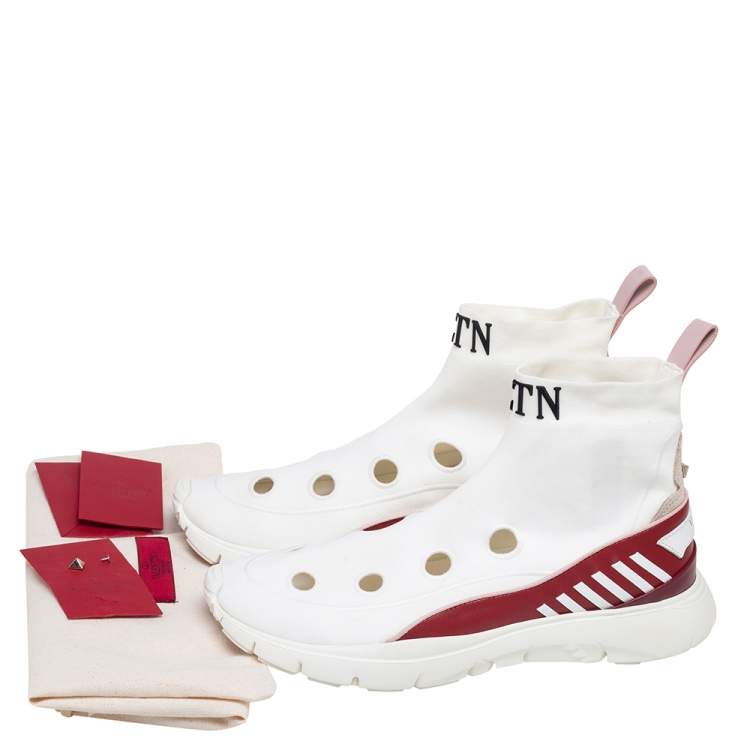 مملوكة مسبقًا Valentino White Stretch Fabric Cut Out Sock Sneakers Size 40