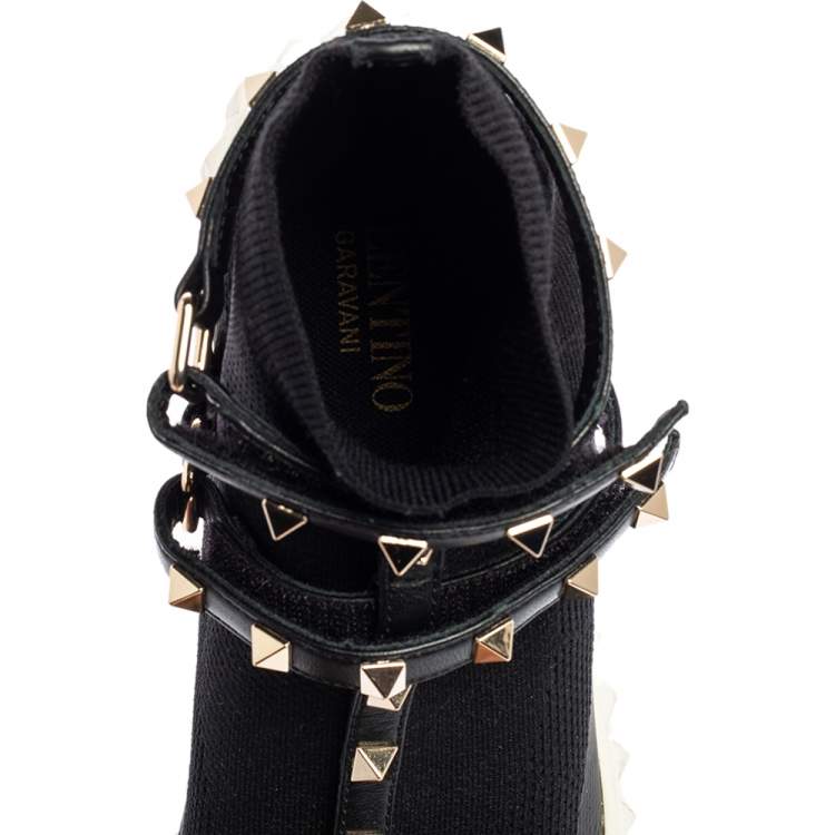Pre Owned Valentino Black Leather And Knit Fabric Rockstud Sock Sneakers Size 37