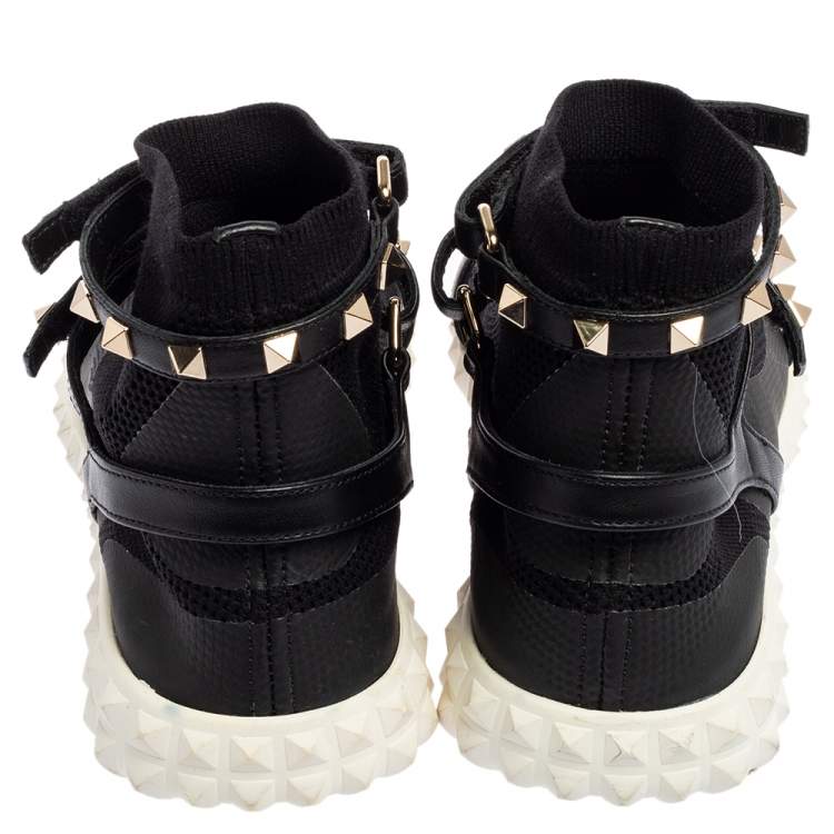 Pre Owned Valentino Black Leather And Knit Fabric Rockstud Sock Sneakers Size 37