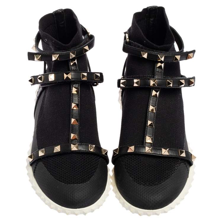 Pre Owned Valentino Black Leather And Knit Fabric Rockstud Sock Sneakers Size 37