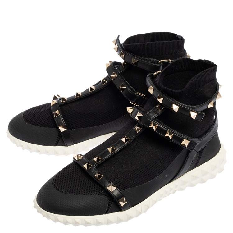 Pre Owned Valentino Black Leather And Knit Fabric Rockstud Sock Sneakers Size 37