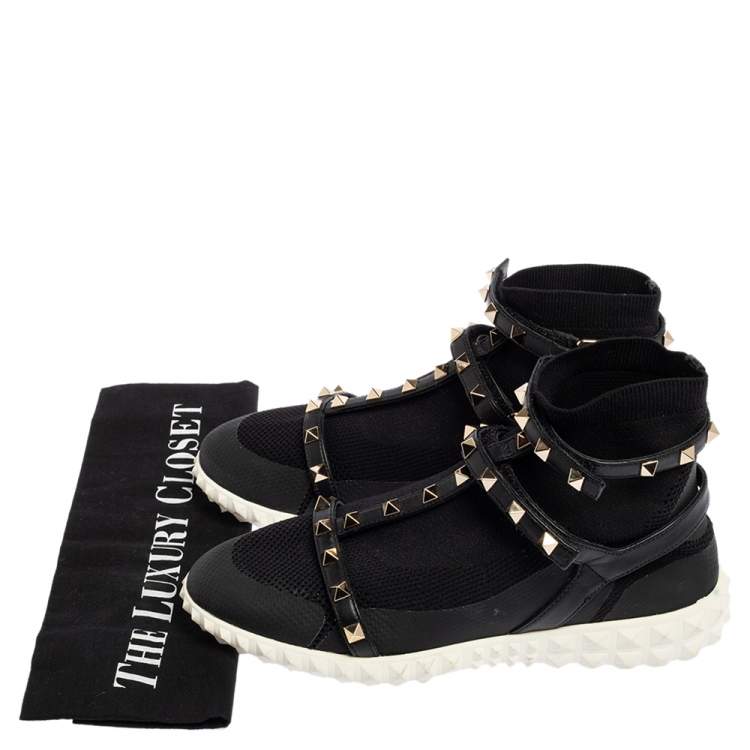 Pre Owned Valentino Black Leather And Knit Fabric Rockstud Sock Sneakers Size 37