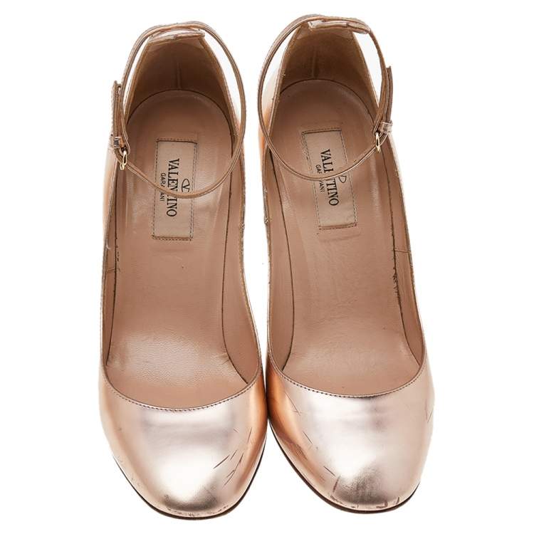Pre Owned Valentino Metallic Pink Leather Tango Mary Jane Pumps Size 36.5
