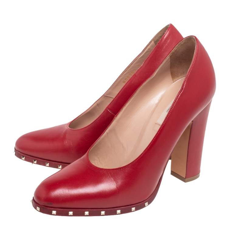 Pre Owned Valentino Red Leather Soul Rockstud Block Heel Pumps Size 37.5