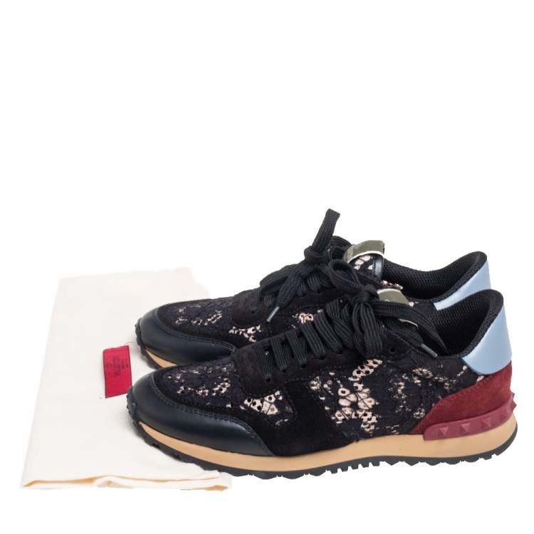 مملوكة مسبقًا Valentino Black Lace, Leather and Suede Rockrunner Sneakers Size 37