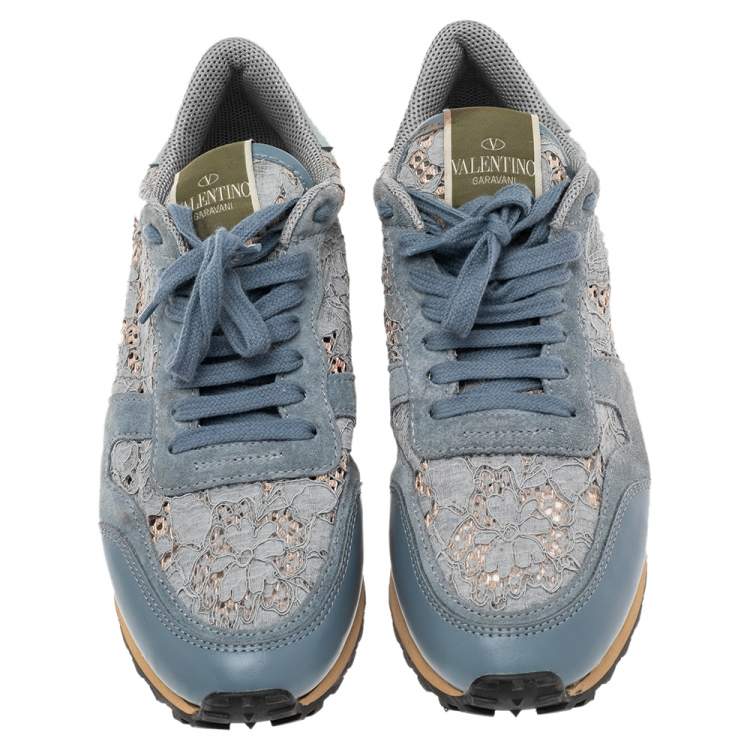 Pre Owned Valentino Slate Blue Lace and Suede Rockrunner Sneakers Size 39