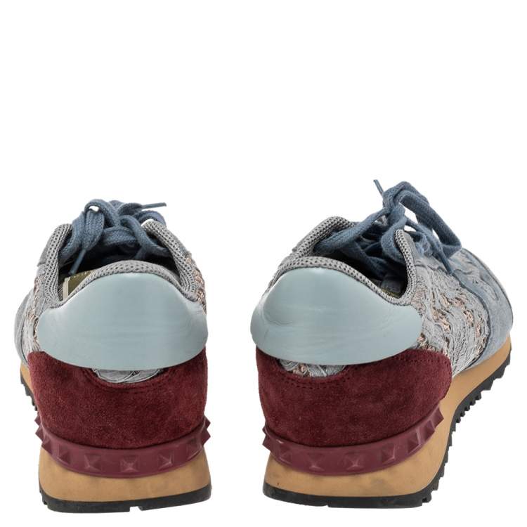 Pre Owned Valentino Slate Blue Lace and Suede Rockrunner Sneakers Size 39