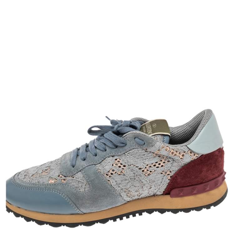 Pre Owned Valentino Slate Blue Lace and Suede Rockrunner Sneakers Size 39