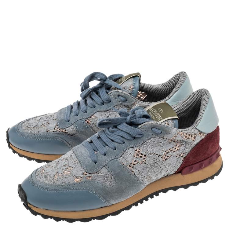 Pre Owned Valentino Slate Blue Lace and Suede Rockrunner Sneakers Size 39