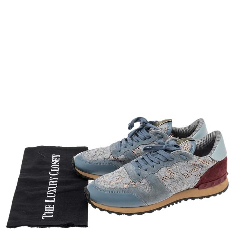 Pre Owned Valentino Slate Blue Lace and Suede Rockrunner Sneakers Size 39