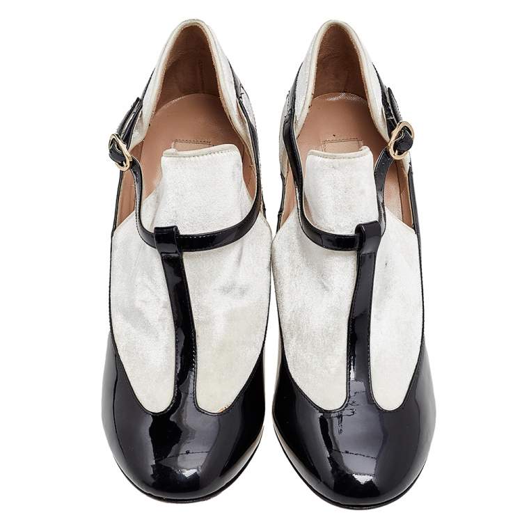 Pre Owned Valentino Black/White Patent Leather And Velvet T Strap Pumps Size 36