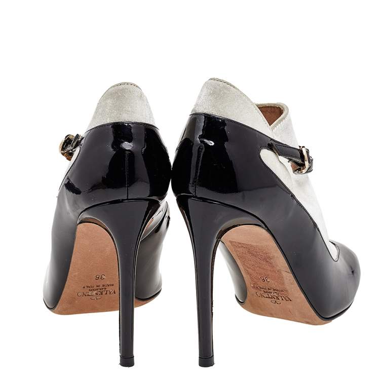 Pre Owned Valentino Black/White Patent Leather And Velvet T Strap Pumps Size 36
