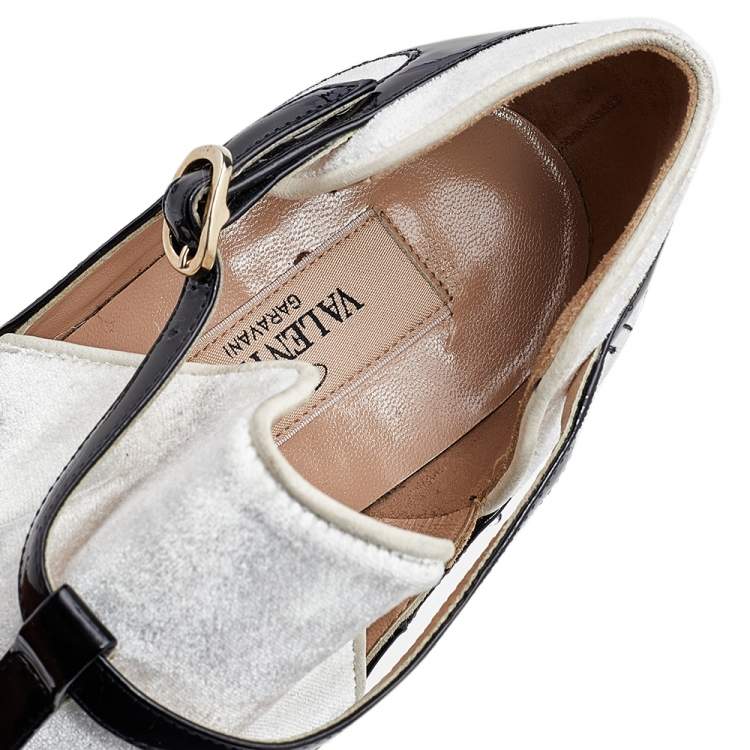 Pre Owned Valentino Black/White Patent Leather And Velvet T Strap Pumps Size 36