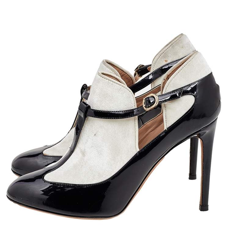 Pre Owned Valentino Black/White Patent Leather And Velvet T Strap Pumps Size 36