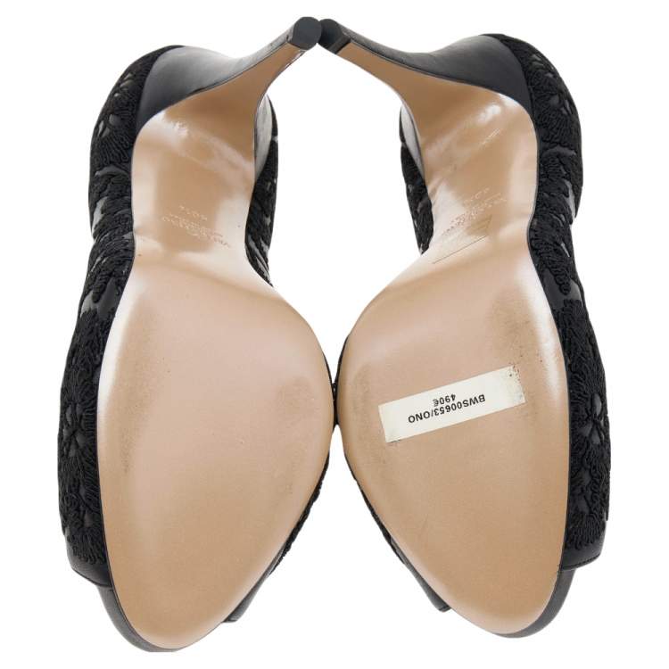 Pre Owned Valentino Black Leather Embroidered Peep Toe Platform Pumps Size 40.5