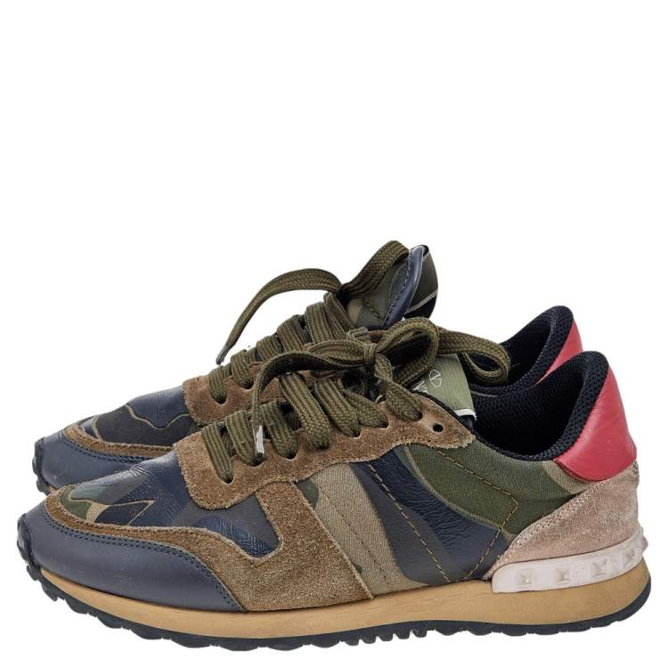 Pre Owned Valentino Multicolor Camouflage Suede And Leather Rockrunner Sneakers Size 36