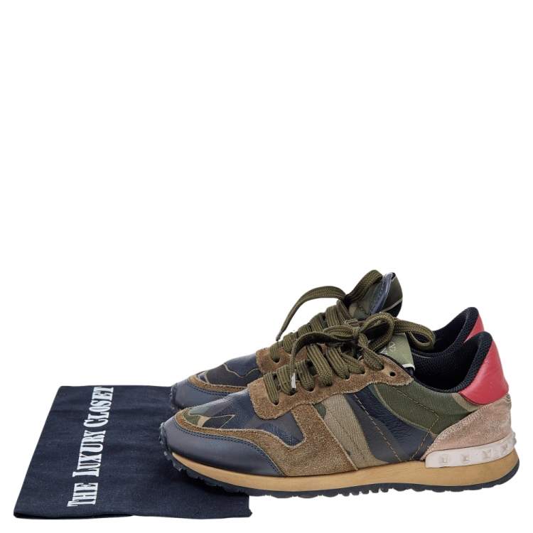 Pre Owned Valentino Multicolor Camouflage Suede And Leather Rockrunner Sneakers Size 36