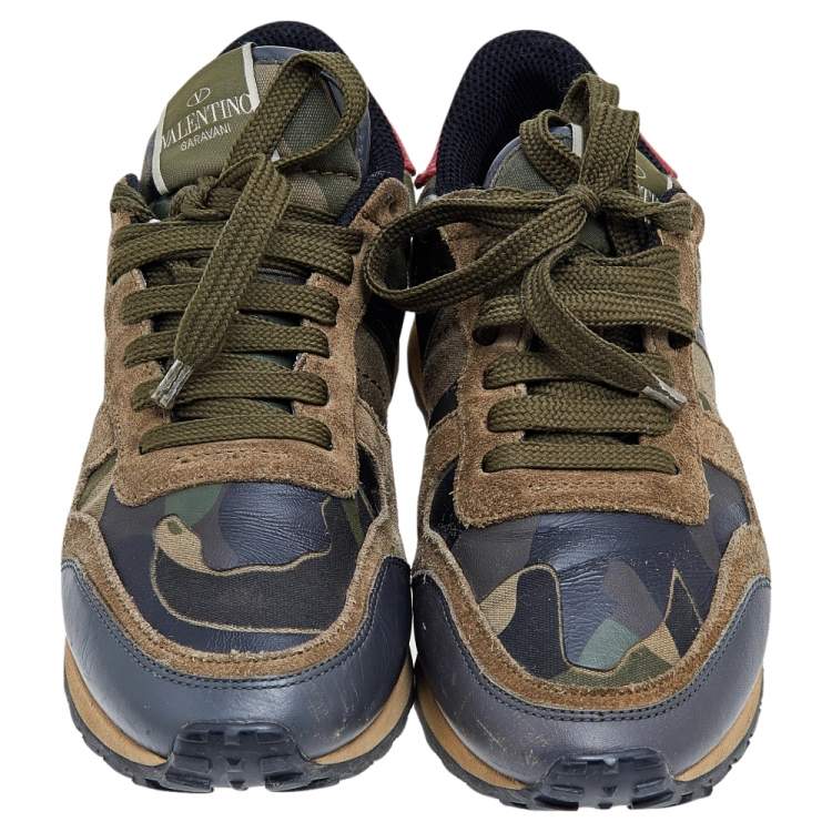 Pre Owned Valentino Multicolor Camouflage Suede And Leather Rockrunner Sneakers Size 36