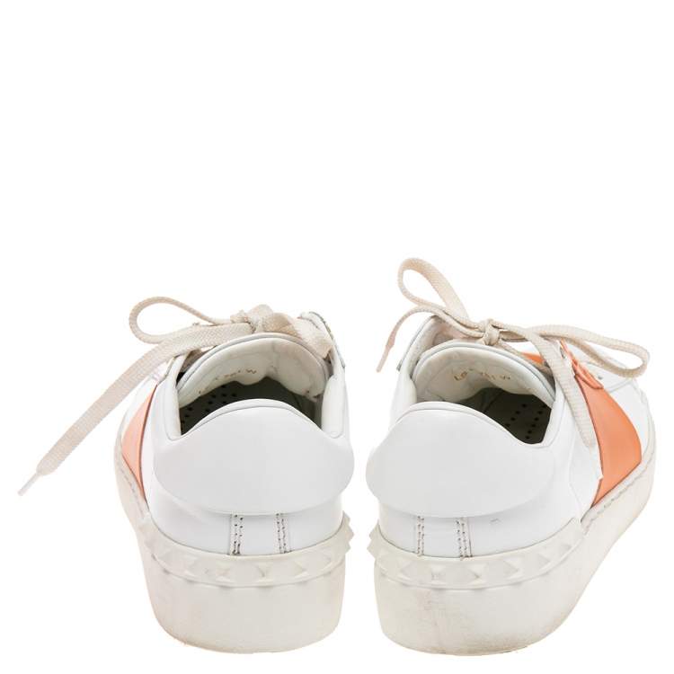 Pre Owned Valentino White/Orange Leather Rockstud Low-Top Sneakers Size 36