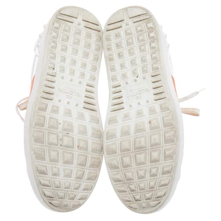 Pre Owned Valentino White/Orange Leather Rockstud Low-Top Sneakers Size 36