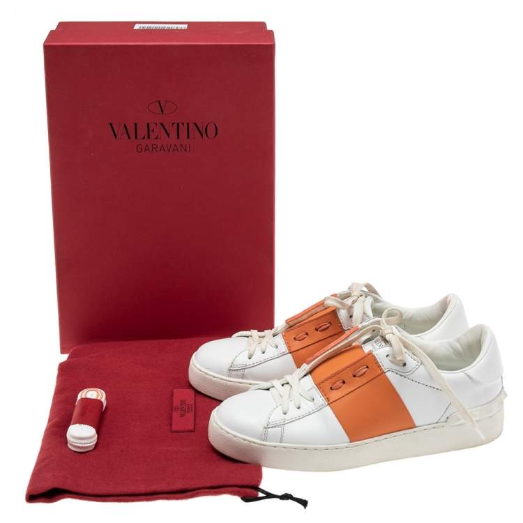 Pre Owned Valentino White/Orange Leather Rockstud Low-Top Sneakers Size 36
