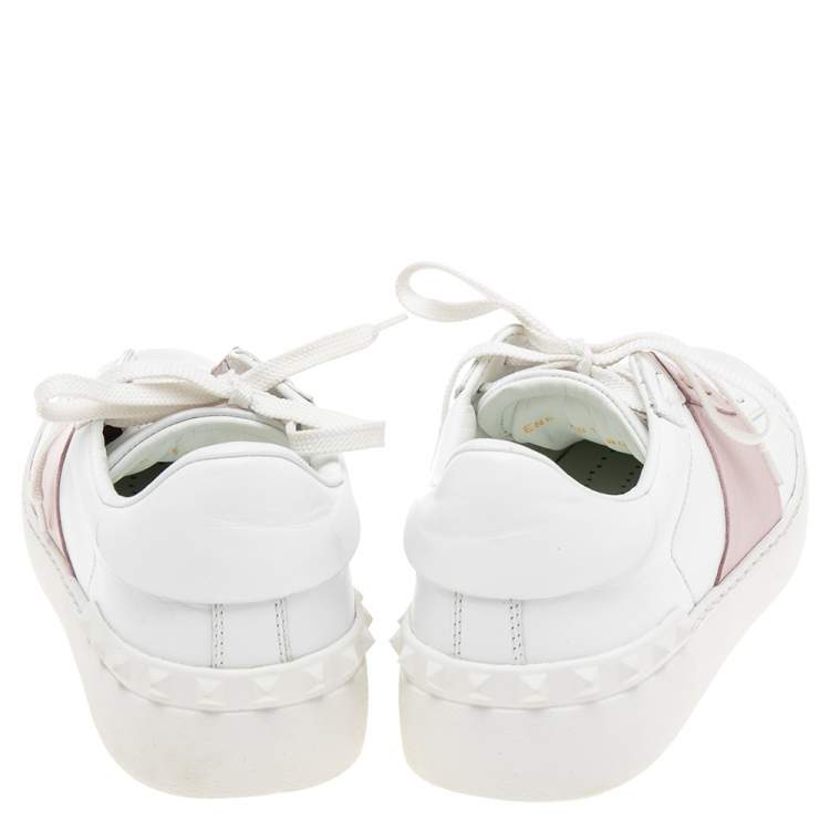 Pre Owned Valentino White/Blush Pink Leather Open Low Top Sneakers Size 37