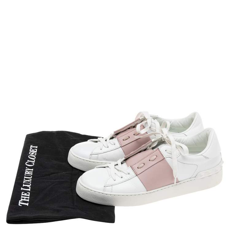 Pre Owned Valentino White/Blush Pink Leather Open Low Top Sneakers Size 37