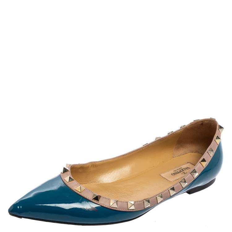 Valentino Blue Patent Leather Rockstud Pointed-Toe Ballet Flats