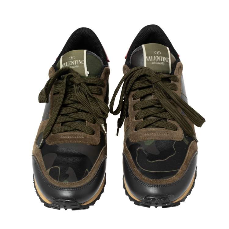 Pre Owned Valentino Multicolor Camo Printed Leather, Suede and Fabric Rockrunner Low-Top Sneakers Size 37