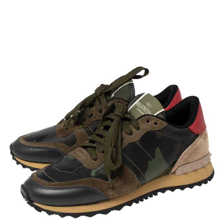 Pre Owned Valentino Multicolor Camo Printed Leather, Suede and Fabric Rockrunner Low-Top Sneakers Size 37
