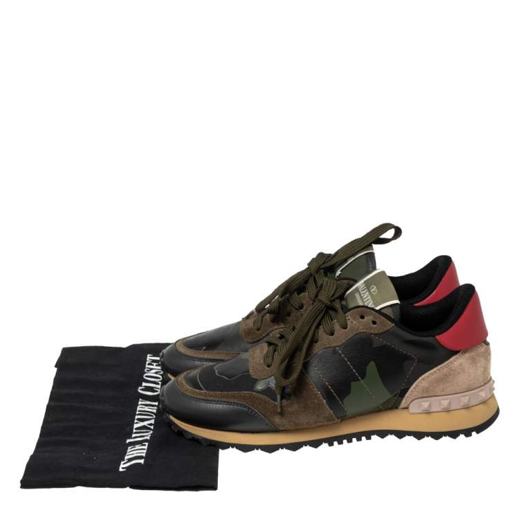 Pre Owned Valentino Multicolor Camo Printed Leather, Suede and Fabric Rockrunner Low-Top Sneakers Size 37