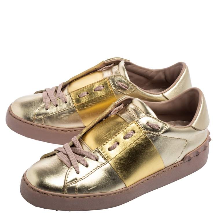 Pre Owned Valentino Metallic Bronze Leather Rockstud Lace Up Sneakers Size 36