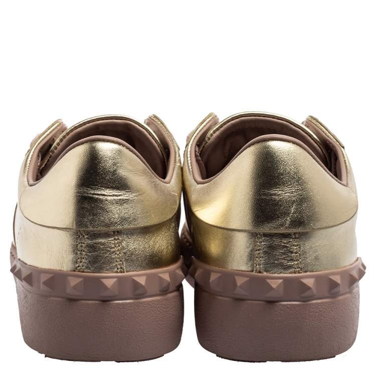Pre Owned Valentino Metallic Bronze Leather Rockstud Lace Up Sneakers Size 36