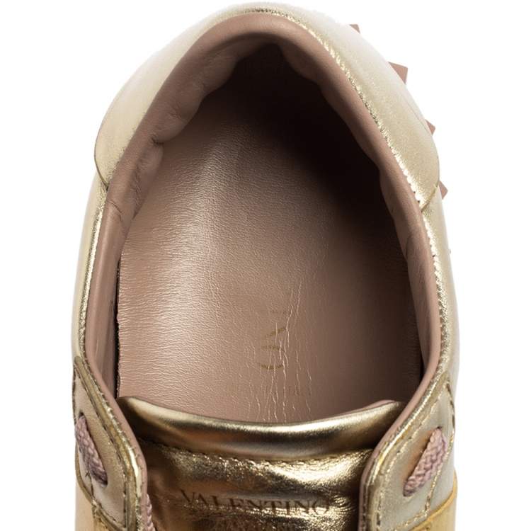Pre Owned Valentino Metallic Bronze Leather Rockstud Lace Up Sneakers Size 36