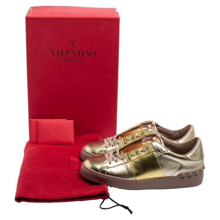 Pre Owned Valentino Metallic Bronze Leather Rockstud Lace Up Sneakers Size 36