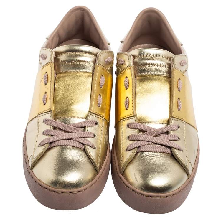 Pre Owned Valentino Metallic Bronze Leather Rockstud Lace Up Sneakers Size 36