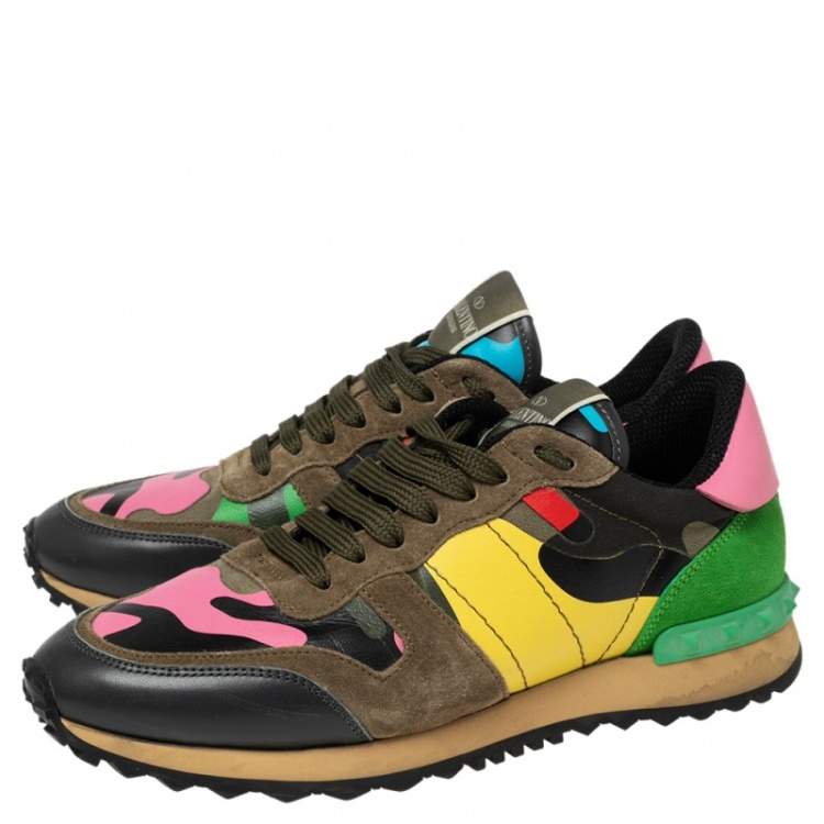 Pre Owned Valentino Multicolor Suede, Camo Print Leather and Canvas Rockrunner Sneakers Size 38